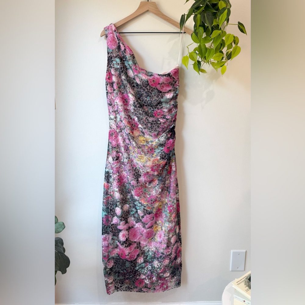 Steve Madden Women's Sacha Printed Lace One-Shoulder Sheath Midi Dress Size L